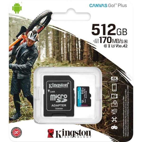 Kingston Go! Plus 512 GB UHS-I Klasse 10, Hukommelseskort 512 GB, MicroSD, Klasse 10, 170 MB/s, 90 MB/s
